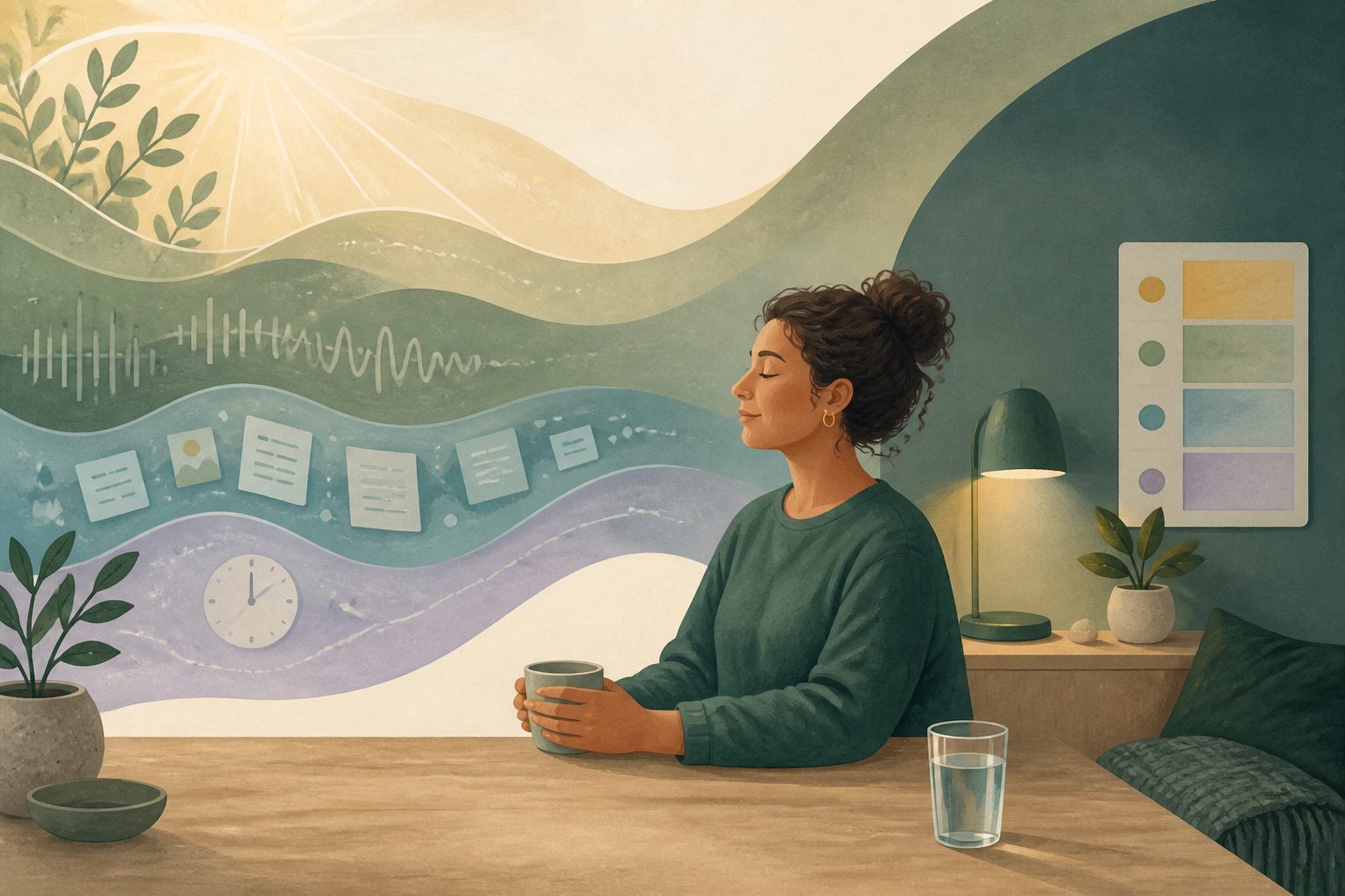 Een persoon neemt rust terwijl geluid, informatie, tijd en licht zichtbaar zijn; een zachte lamp, water en rustige plek laten mogelijke aanpassingen zien.