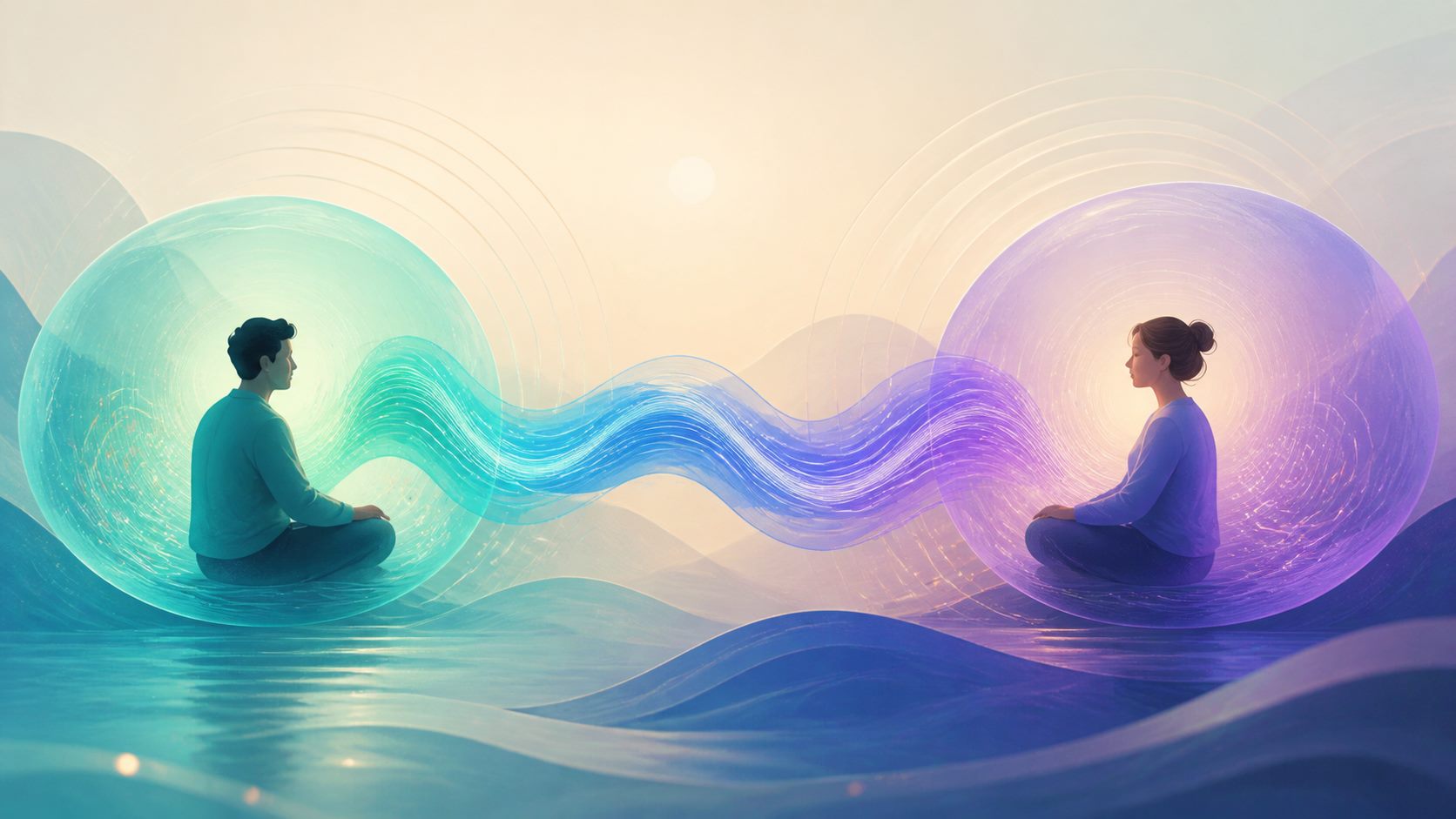 Twee mensen in een eigen zachte luisterruimte, verbonden door een vloeiende turquoise, blauwe en violette frequentiegolf.
